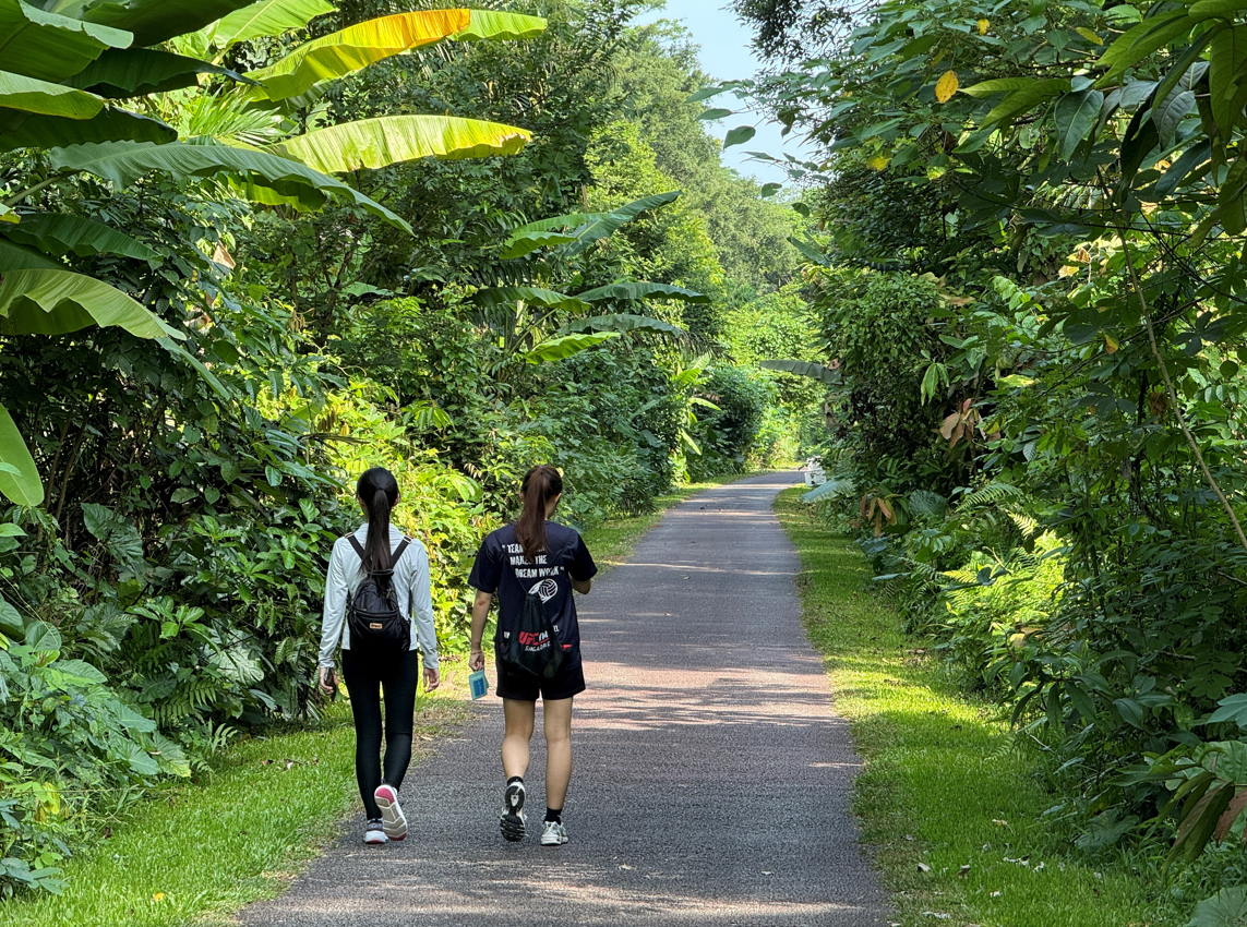 Two women walk along a paved path lined with lush tropical vegetation.